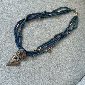 Silver and Blue Multi-Strand Necklace with Pendant